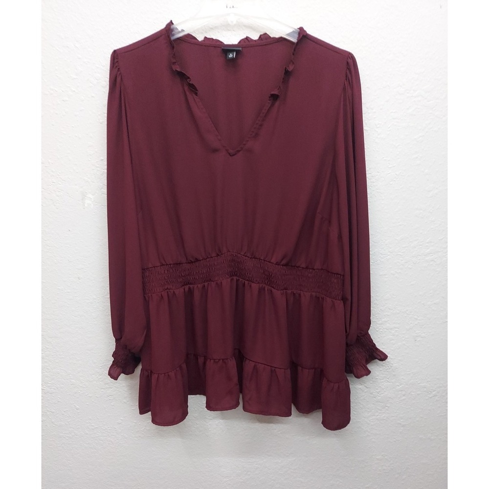 Torrid Top‎ Blouse Womens 4 Burgundy Mulberry Peplum V Neck Flowy Plus Career